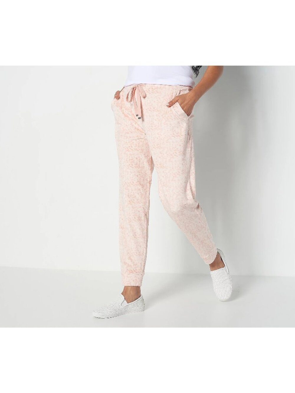 Susan Graver Weekend Joggers Pants XL Regular Printed PLUSHKNIT Blush Pink NEW